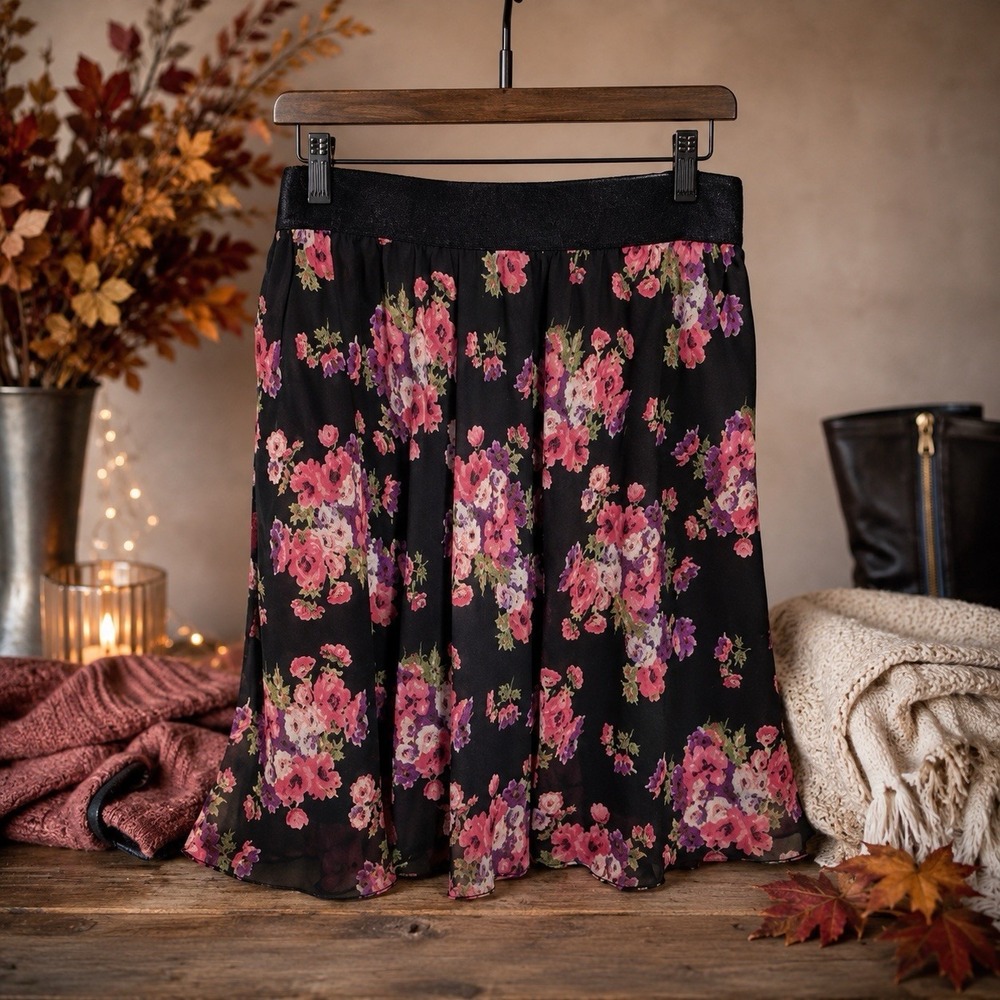 Lord & Taylor Womens L Floral Chiffon Skirt Pink Black Lined Elastic Waist